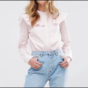 Pull and bear pink gingham long sleeve blouse